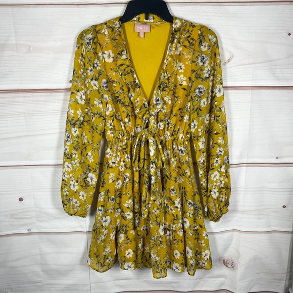 Show Me Your MuMu Dresses & Skirts - Show Me Your MUMU Floral Mini Dress Womens S Yellow V-Neck Ruffle Tie Waist
